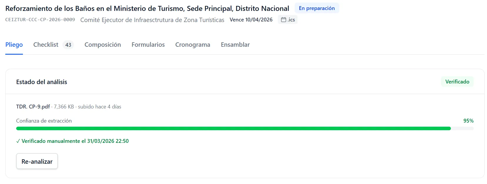 Resultado del análisis de un pliego con requisitos, documentos y fechas extraídos automáticamente