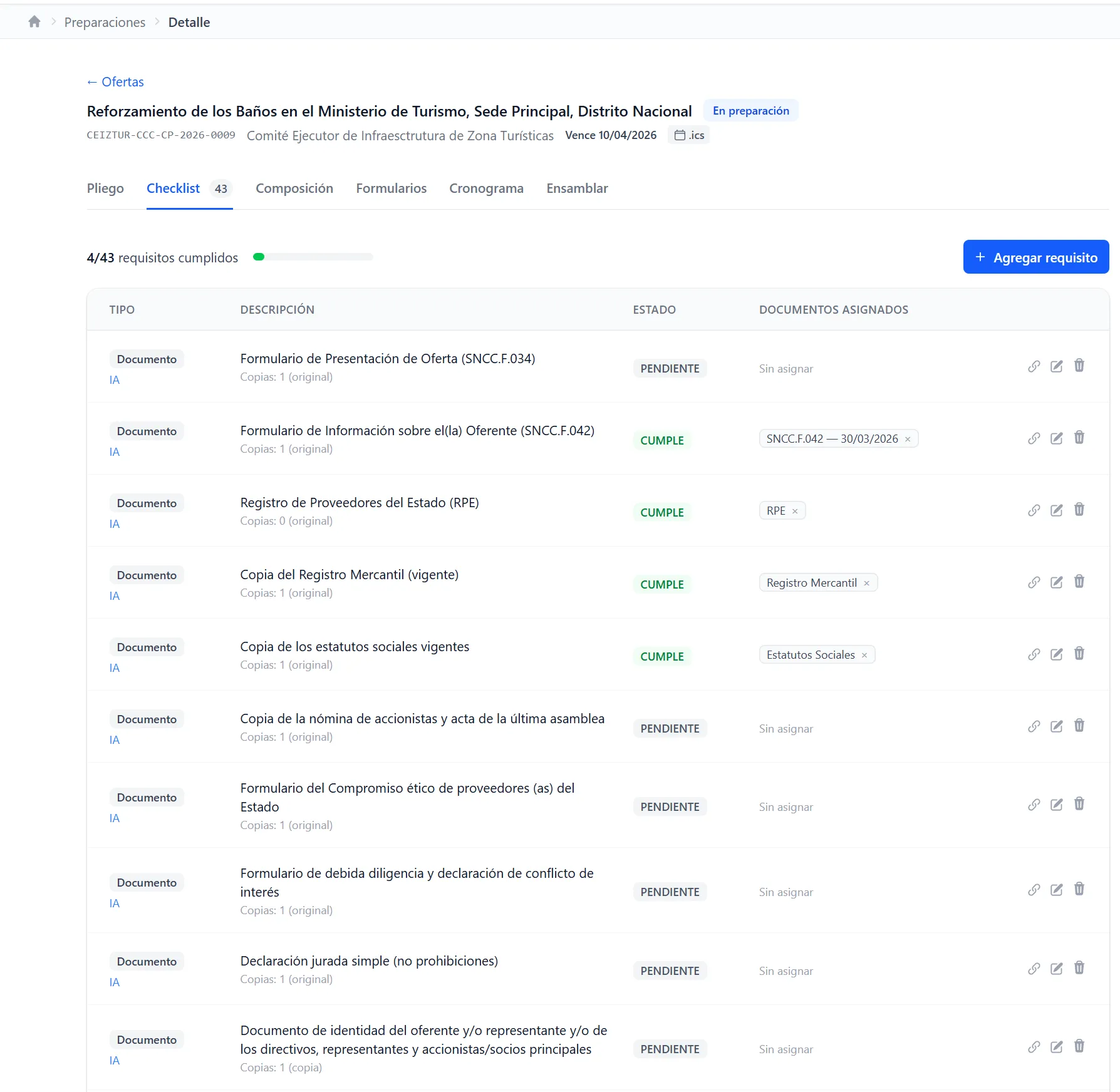 Checklist de requisitos de una oferta con documentos asociados y estado de cumplimiento