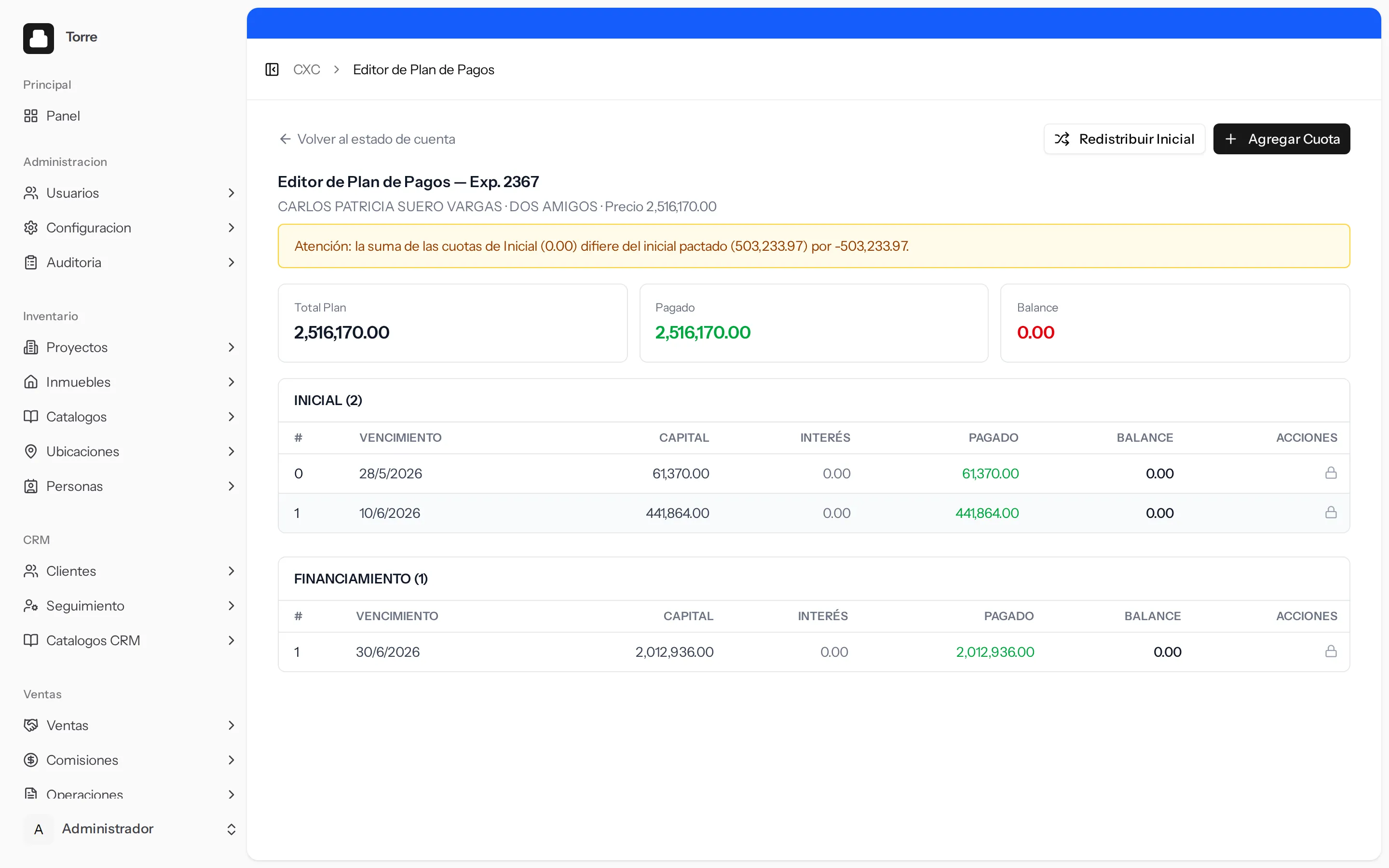 Editor de plan de pagos de Torre mostrando cuotas de inicial y financiamiento con capital, interés, pagado y balance, y una advertencia de validación